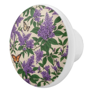 Bouton De Porte En Céramique Fleurs pourpres et papillons