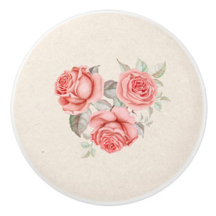 Bouton De Porte En Céramique Fleurs Roses Corail Pêche Vintage Feuillage