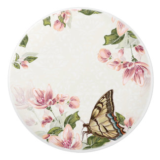 Bouton De Porte En Céramique Fleurs roses et papillon