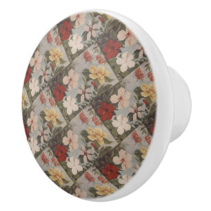 Bouton De Porte En Céramique Fleurs vintages d'Hibiscus Floral rouge rose jaune
