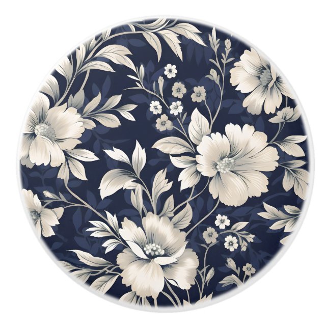 Bouton De Porte En Céramique Floral en bleu (Devant)