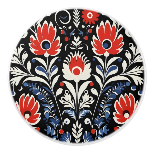 Bouton De Porte En Céramique Floral Folk Motif (Devant)