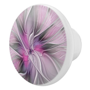 Bouton De Porte En Céramique Floral Fractal moderne Fleur Abstraite rose gris