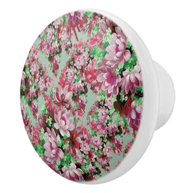 Bouton De Porte En Céramique Floral Rose Et Vert (Droite)