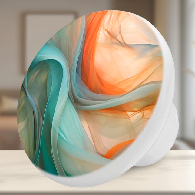Bouton De Porte En Céramique Flow Silk Abstrait Ceramic Knob (Ceramic Knob - Artsy Orange & Teal Flowing Silk Fabric - Decor Accent for Bedroom or Bath)