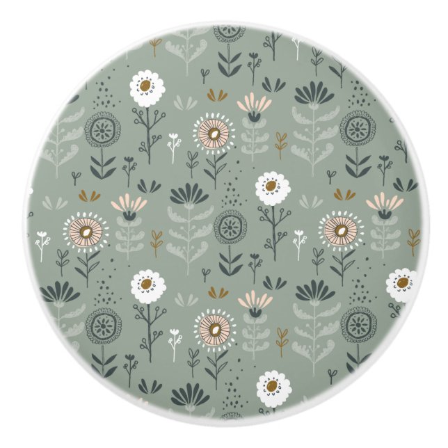 Bouton De Porte En Céramique Forêt Florale Sage Green (Devant)