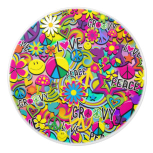 Bouton De Porte En Céramique FUN Rétro Groovy Années 60 Amour Coloré Funky