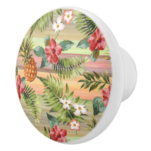 Bouton De Porte En Céramique Fun Tropical Pineappy Fruit Floral Stripe Motif