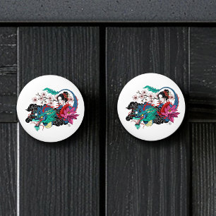 Bouton De Porte En Céramique Géisha asiatique Dragon Fleurs de cerisier Bleu
