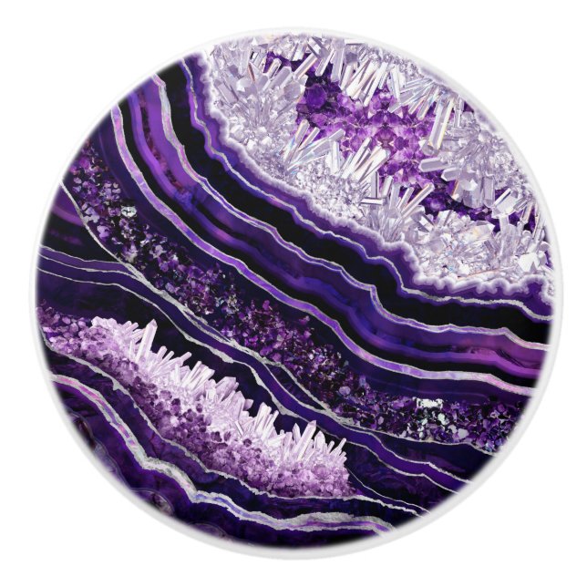 Bouton De Porte En Céramique Géode Améthyste Violet et Art numérique Argent (Devant)