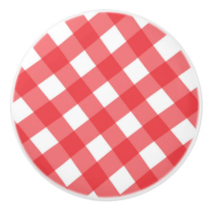 Bouton De Porte En Céramique Gingham à carreaux rouge et blanc de campagne