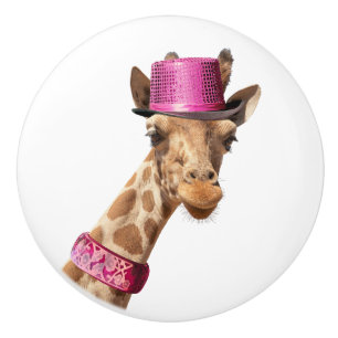 Bouton De Porte En Céramique Giraffe en casquette rose étincelant