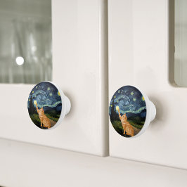 Bouton De Porte En Céramique Gogh Kitty Starry Night Chat