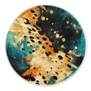 Bouton De Porte En Céramique Gold Black Aqua Orange Leopard Abstrait