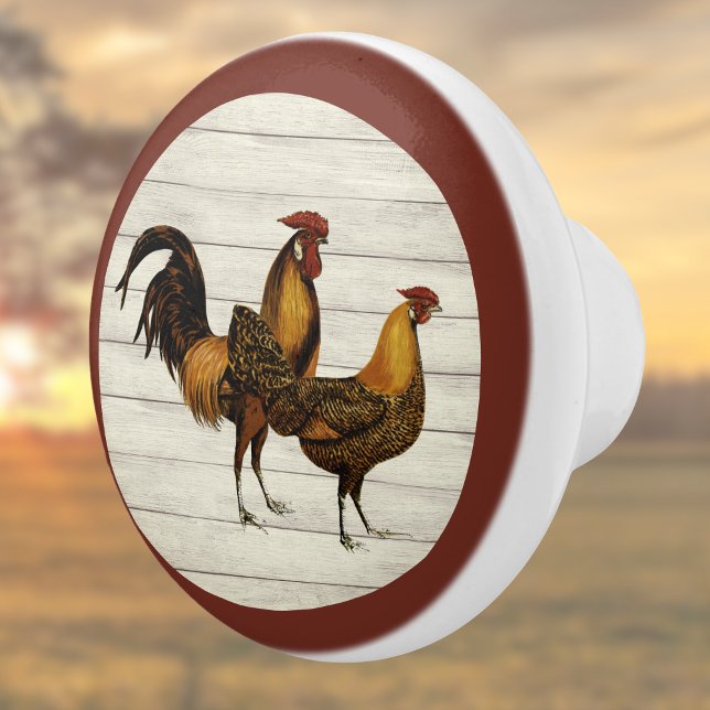 Bouton De Porte En Céramique Golden Penciled Hamburg Roosters Maroon Farmhouse (Créateur téléchargé)
