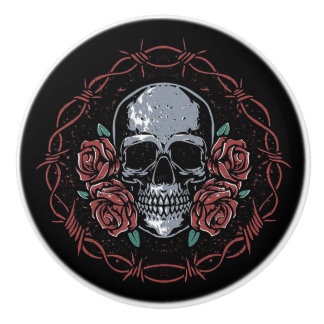Bouton De Porte En Céramique Gothic Skull and Roses