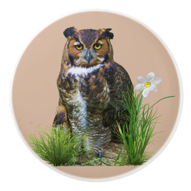 Bouton De Porte En Céramique Grand hibou à cornes et fleur (Devant)