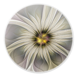Bouton De Porte En Céramique Grande Fleur d'ivoire, Abstrait Art Fractal Modern