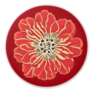 Bouton De Porte En Céramique Grande Fleur Rouge Art Nouveau