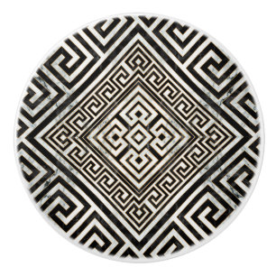 Bouton De Porte En Céramique Grec Meander - Clé grecque Noir et Marbre blanc