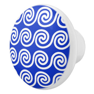 Bouton De Porte En Céramique Grec Meander Key Waves Motif Bleu