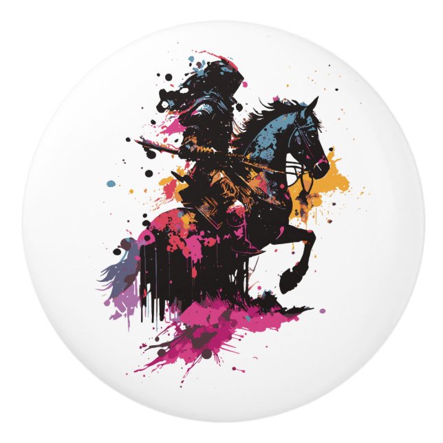 Bouton De Porte En Céramique Guerrier équitation cheval en aquarelle (Devant)