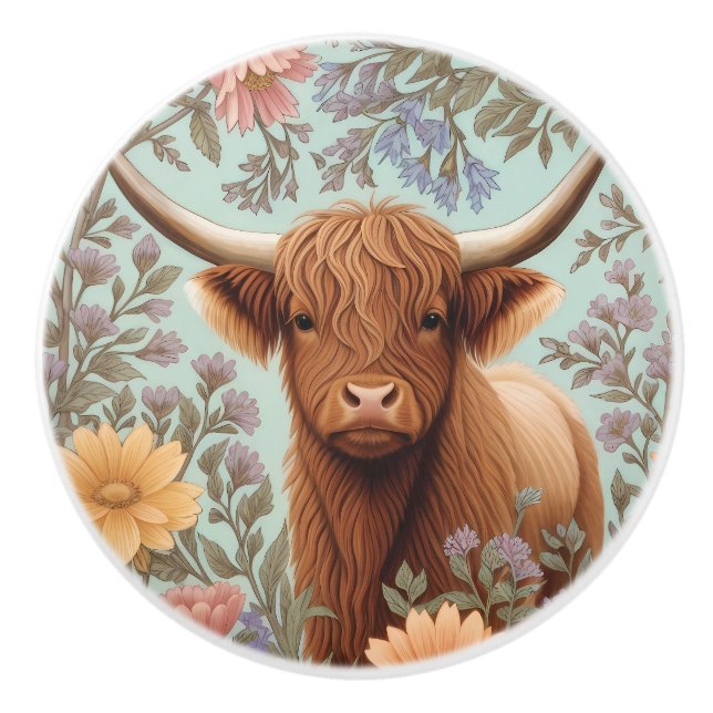 Bouton De Porte En Céramique Highland Cow Pastel William Morris Inspired Floral (Devant)