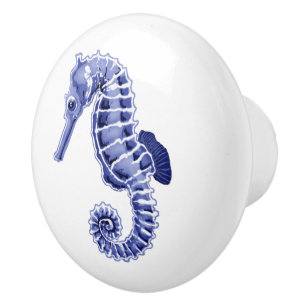 Bouton De Porte En Céramique Hippocampe bleu et blanc