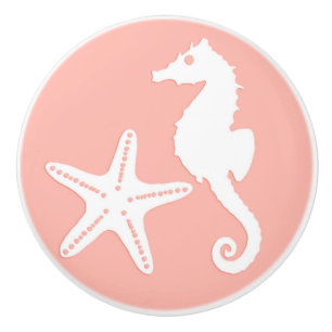 Bouton De Porte En Céramique Hippocampe et étoiles de mer - rose de corail