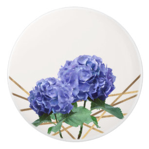 Bouton De Porte En Céramique Hydrangea Purple Bleu & Or Élégant Floral