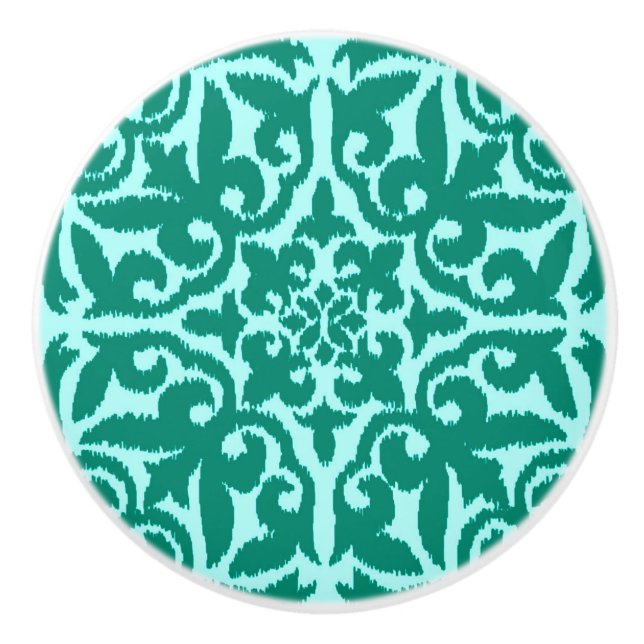 Bouton De Porte En Céramique Ikat damask pattern - Turquoise et Aqua (Devant)