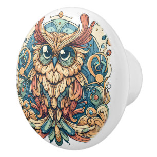 Bouton De Porte En Céramique Illustration artistique de hibou orné vintage