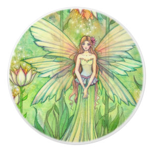 Bouton De Porte En Céramique Illustration de fée de fleurs de jardin vert