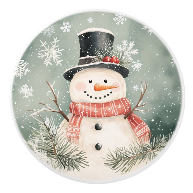 Bouton De Porte En Céramique Illustration de Noël rustique de Snowman lunatique (Devant)