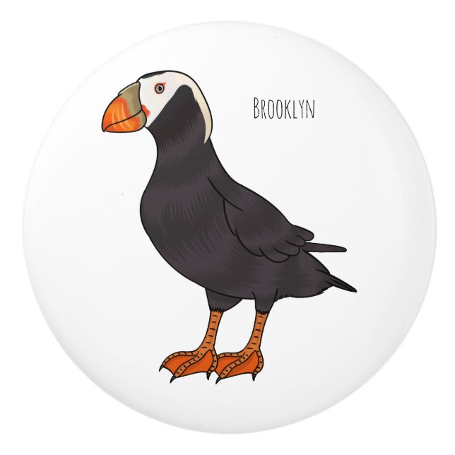 Bouton De Porte En Céramique Illustration d'oiseau bouffon touffu (Devant)