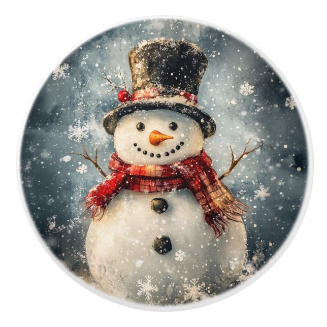 Bouton De Porte En Céramique Illustration Rustique Snowman Noël (Devant)