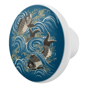 Bouton De Porte En Céramique Imprimé Poisson Koi japonais antique
