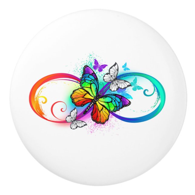 Bouton De Porte En Céramique Infini lumineux avec papillon arc-en-ciel (Devant)