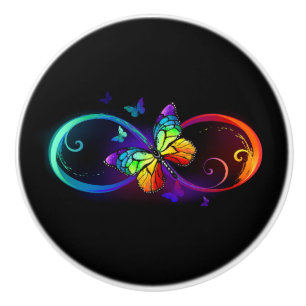 Bouton De Porte En Céramique Infini vibrant avec papillon arc-en-ciel sur noir 