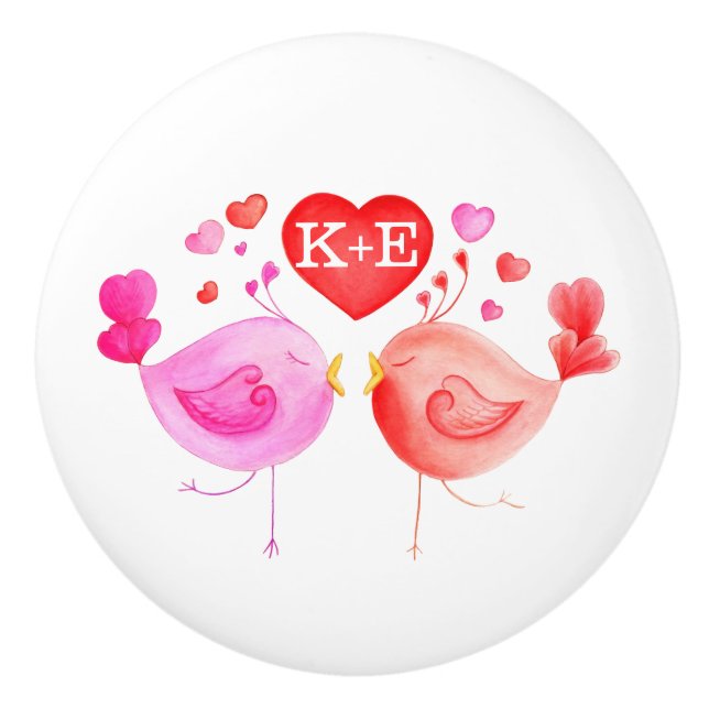 Bouton De Porte En Céramique Initiales d'art d'inséparables d'aquarelle de (Devant)