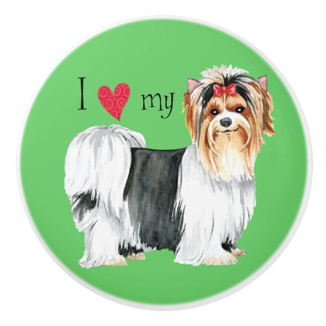Bouton De Porte En Céramique J'aime mon Biewer Terrier (Devant)
