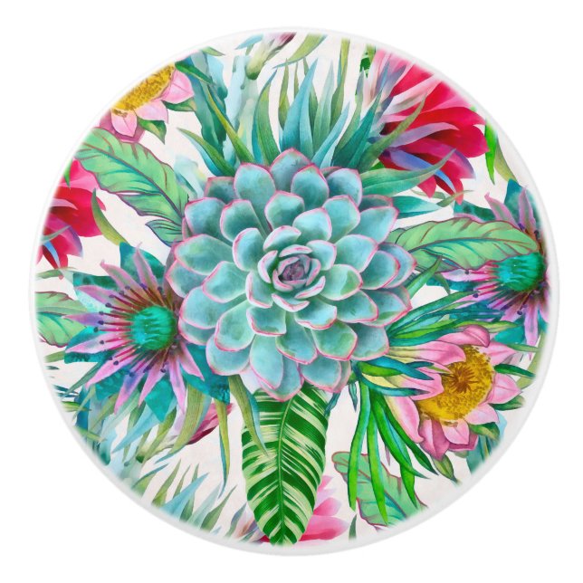 Bouton De Porte En Céramique Jardin tropical succulent (Devant)