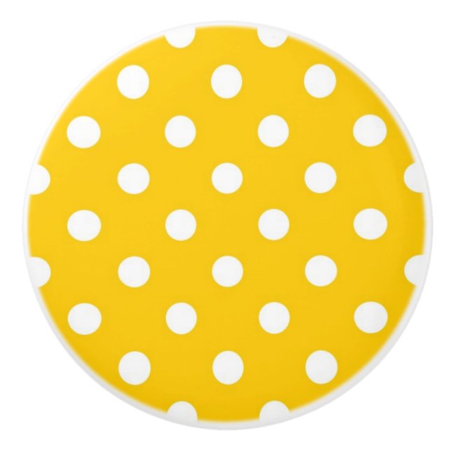 Bouton De Porte En Céramique Jaune avec pois blancs (Devant)