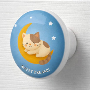 Bouton De Porte En Céramique Joli Chat Endormi sur la Lune Doux Rêves