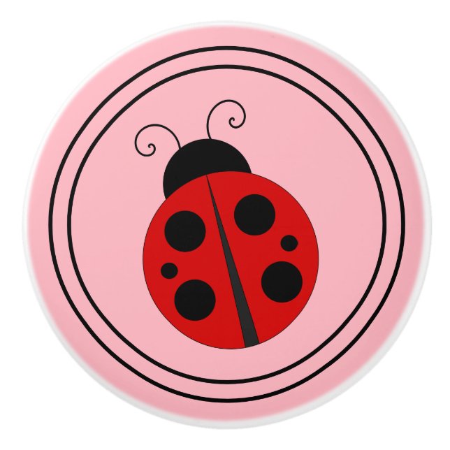 Bouton De Porte En Céramique Jolie coccinelle sur rose (Devant)