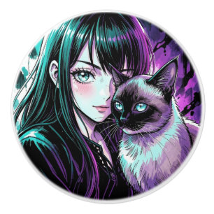 Bouton De Porte En Céramique Jolie Fille d'Anime et Chat Siamois