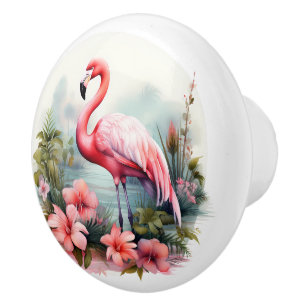 Bouton De Porte En Céramique Jolie maison de plage rose flamingo