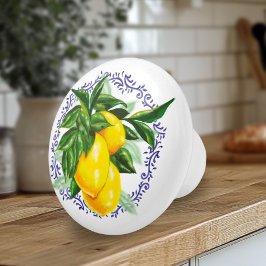 Bouton De Porte En Céramique Jolies citrons et toile bleue