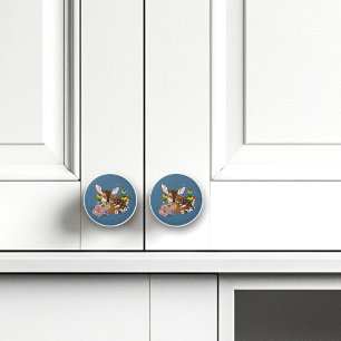 Bouton De Porte En Céramique Jolies Fleurs Sauvages Faon Bleu Bébé Cerf Forêt