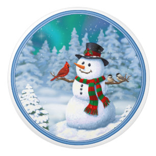 Bouton De Porte En Céramique Joyeux Noël Snowman & Birds Winter Scene